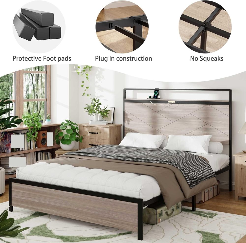 Bed Frame, Wooden Platform Bed Frame with Storage LED Light Headboard and 2 USB, Large Underbed Storage,Easy Assemnly