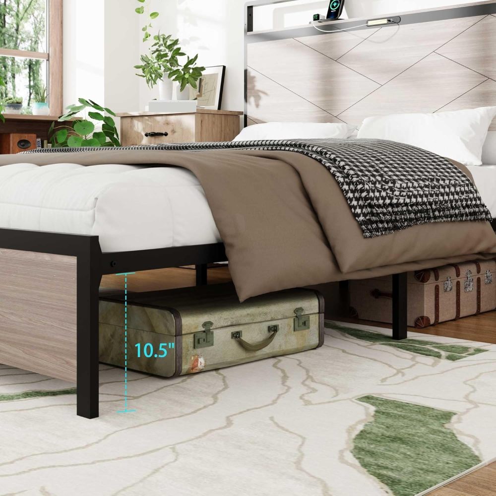 Bed Frame, Wooden Platform Bed Frame with Storage LED Light Headboard and 2 USB, Large Underbed Storage,Easy Assemnly
