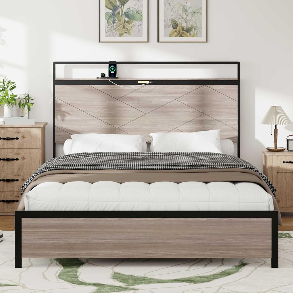 Bed Frame, Wooden Platform Bed Frame with Storage LED Light Headboard and 2 USB, Large Underbed Storage,Easy Assemnly