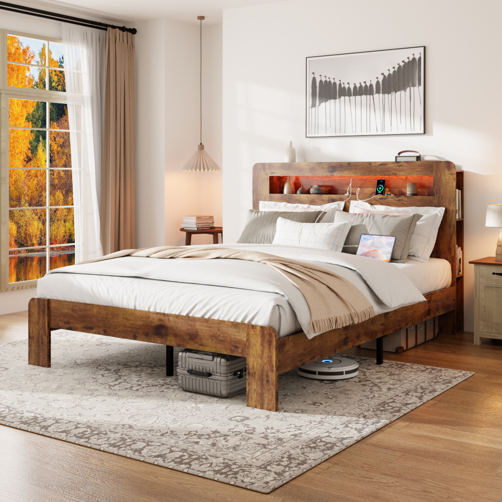 Fansace Metal & Wooden Bed Frame with Headboard & Storage Bookshelf, Farmhouse Platform Led Bedframe with Wood Slat Support, Sturdy & Easy Assembly