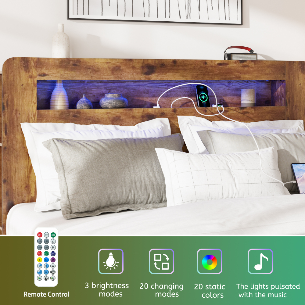 Fansace Metal & Wooden Bed Frame with Headboard & Storage Bookshelf, Farmhouse Platform Led Bedframe with Wood Slat Support, Sturdy & Easy Assembly