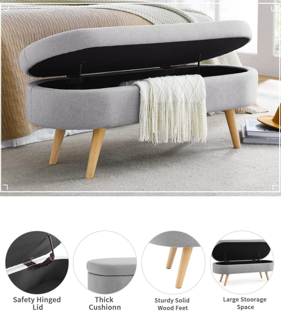 Fansace Oval Storage Bench 43.5" Ottoman Bench Upholstered Boucle Fabric Footrest Bench with wooden Legs End of Bed for Bedroom, Living Room, Entryway,Bed Side