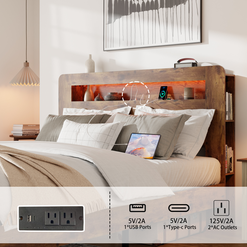 Fansace Metal & Wooden Bed Frame with Headboard & Storage Bookshelf, Farmhouse Platform Led Bedframe with Wood Slat Support, Sturdy & Easy Assembly