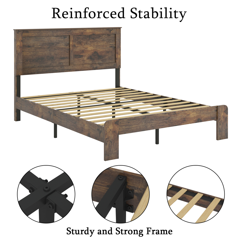 Fansace Wood Bed Frame with Headboard, Rustic Farmhouse Platform Bed Frame with 12 Wood Slats Support, No Box Spring Needed, Easy Assembly