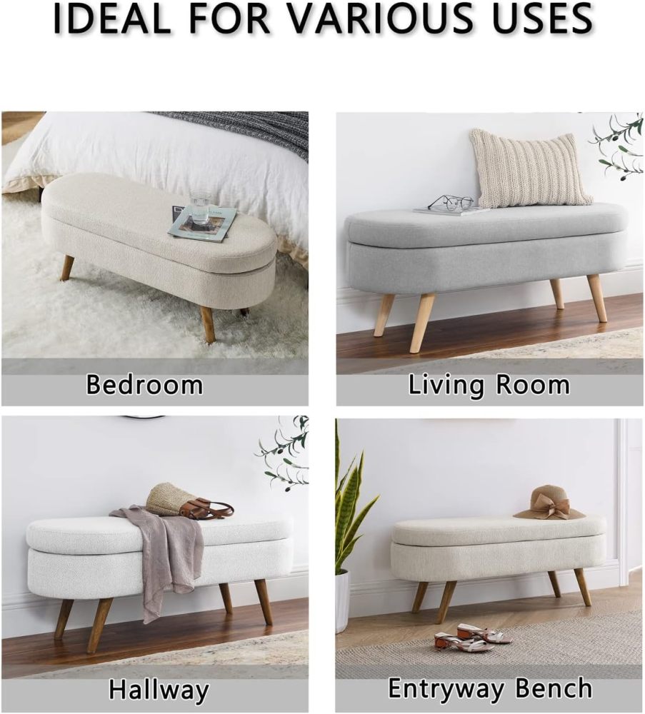 Fansace Oval Storage Bench 43.5" Ottoman Bench Upholstered Boucle Fabric Footrest Bench with wooden Legs End of Bed for Bedroom, Living Room, Entryway,Bed Side