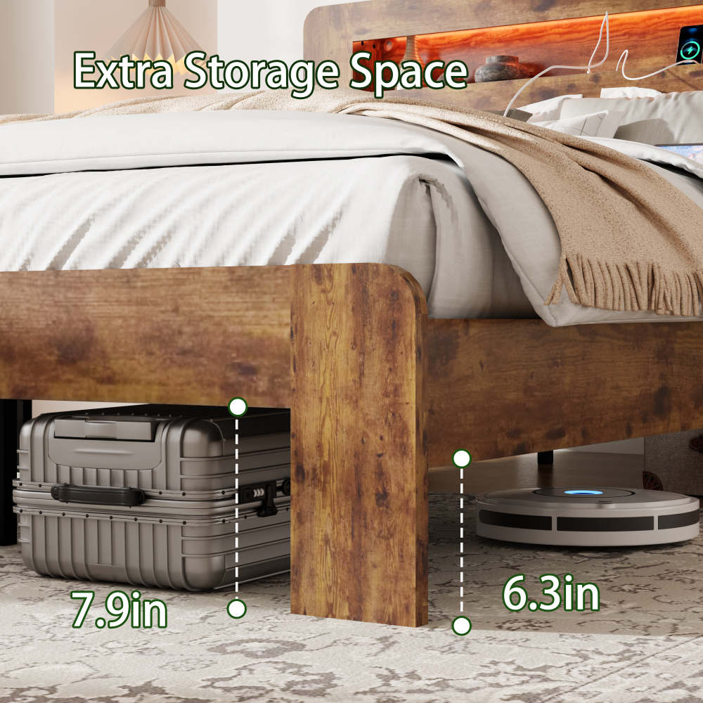 Fansace Metal & Wooden Bed Frame with Headboard & Storage Bookshelf, Farmhouse Platform Led Bedframe with Wood Slat Support, Sturdy & Easy Assembly