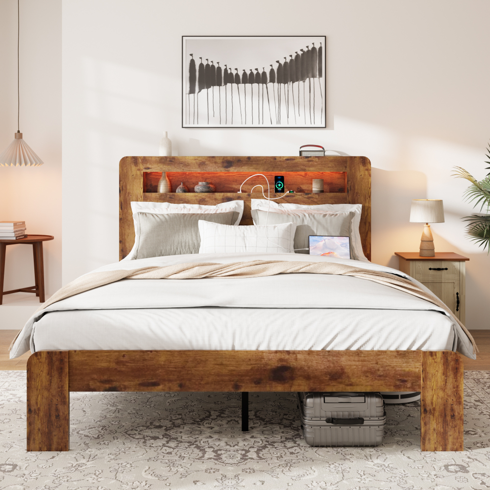 Fansace Metal & Wooden Bed Frame with Headboard & Storage Bookshelf, Farmhouse Platform Led Bedframe with Wood Slat Support, Sturdy & Easy Assembly