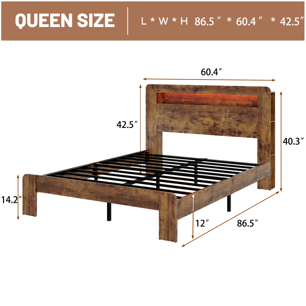 Fansace Metal & Wooden Bed Frame with Headboard & Storage Bookshelf, Farmhouse Platform Led Bedframe with Wood Slat Support, Sturdy & Easy Assembly