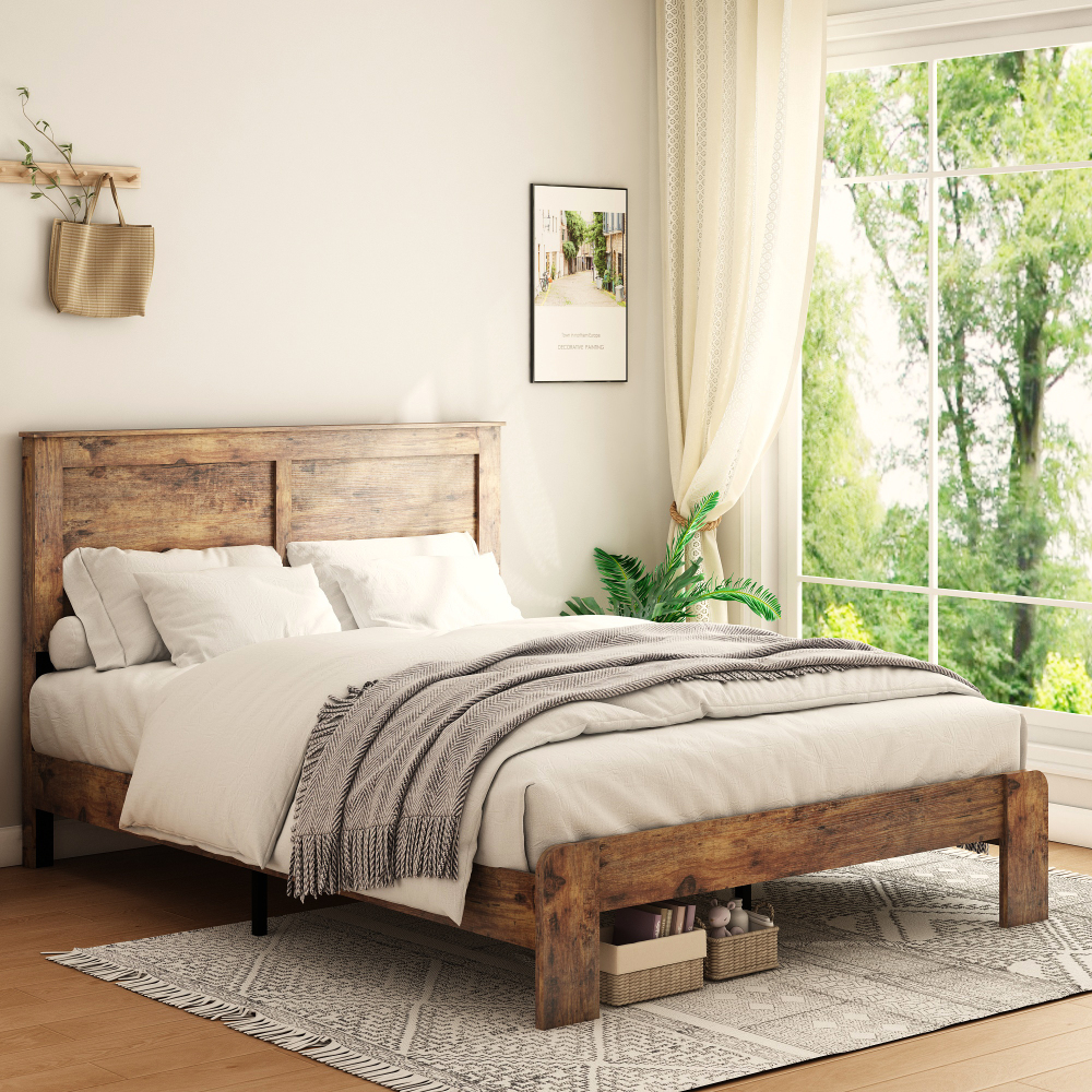 Fansace Wood Bed Frame with Headboard, Rustic Farmhouse Platform Bed Frame with 12 Wood Slats Support, No Box Spring Needed, Easy Assembly