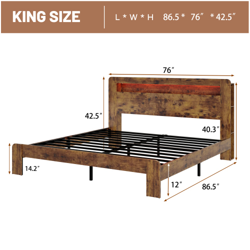 Fansace Metal & Wooden Bed Frame with Headboard & Storage Bookshelf, Farmhouse Platform Led Bedframe with Wood Slat Support, Sturdy & Easy Assembly