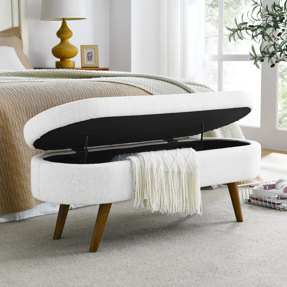 Fansace Oval Storage Bench 43.5" Ottoman Bench Upholstered Boucle Fabric Footrest Bench with wooden Legs End of Bed for Bedroom, Living Room, Entryway,Bed Side