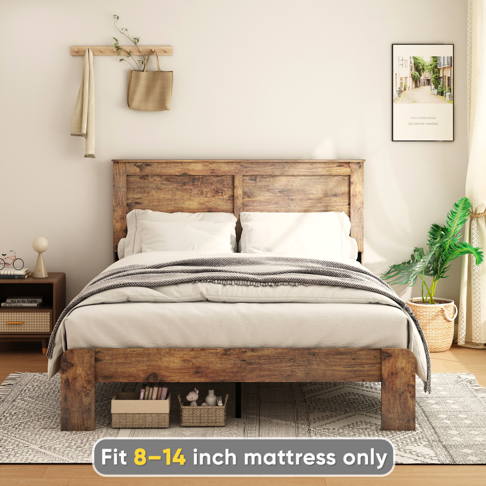 Fansace Wood Bed Frame with Headboard, Rustic Farmhouse Platform Bed Frame with 12 Wood Slats Support, No Box Spring Needed, Easy Assembly