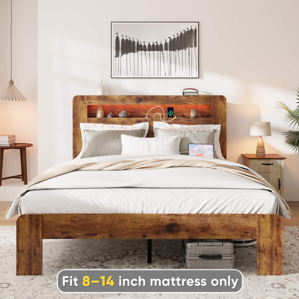 Fansace Metal & Wooden Bed Frame with Headboard & Storage Bookshelf, Farmhouse Platform Led Bedframe with Wood Slat Support, Sturdy & Easy Assembly
