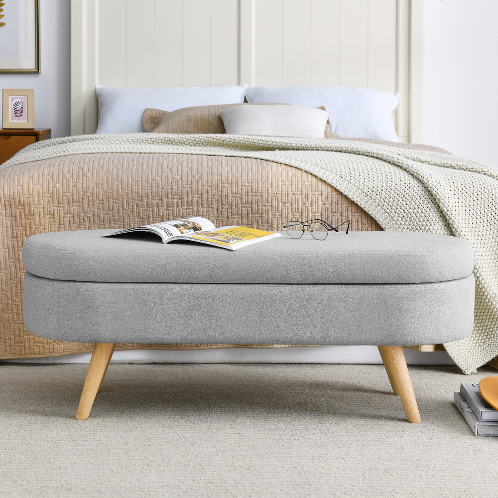 Fansace Oval Storage Bench 43.5" Ottoman Bench Upholstered Boucle Fabric Footrest Bench with wooden Legs End of Bed for Bedroom, Living Room, Entryway,Bed Side