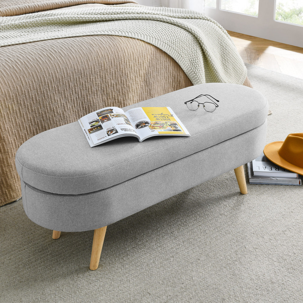 Fansace Oval Storage Bench 43.5" Ottoman Bench Upholstered Boucle Fabric Footrest Bench with wooden Legs End of Bed for Bedroom, Living Room, Entryway,Bed Side