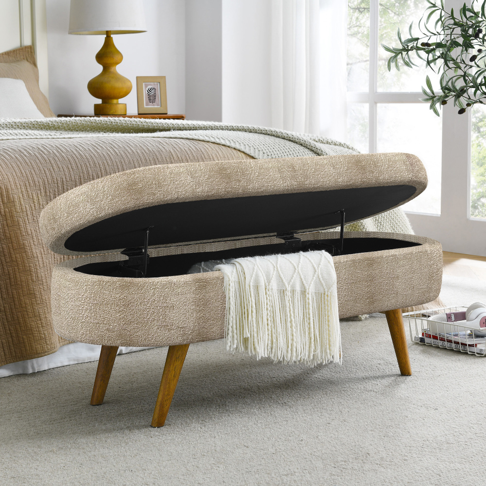 Fansace Oval Storage Bench 43.5" Ottoman Bench Upholstered Boucle Fabric Footrest Bench with wooden Legs End of Bed for Bedroom, Living Room, Entryway,Bed Side