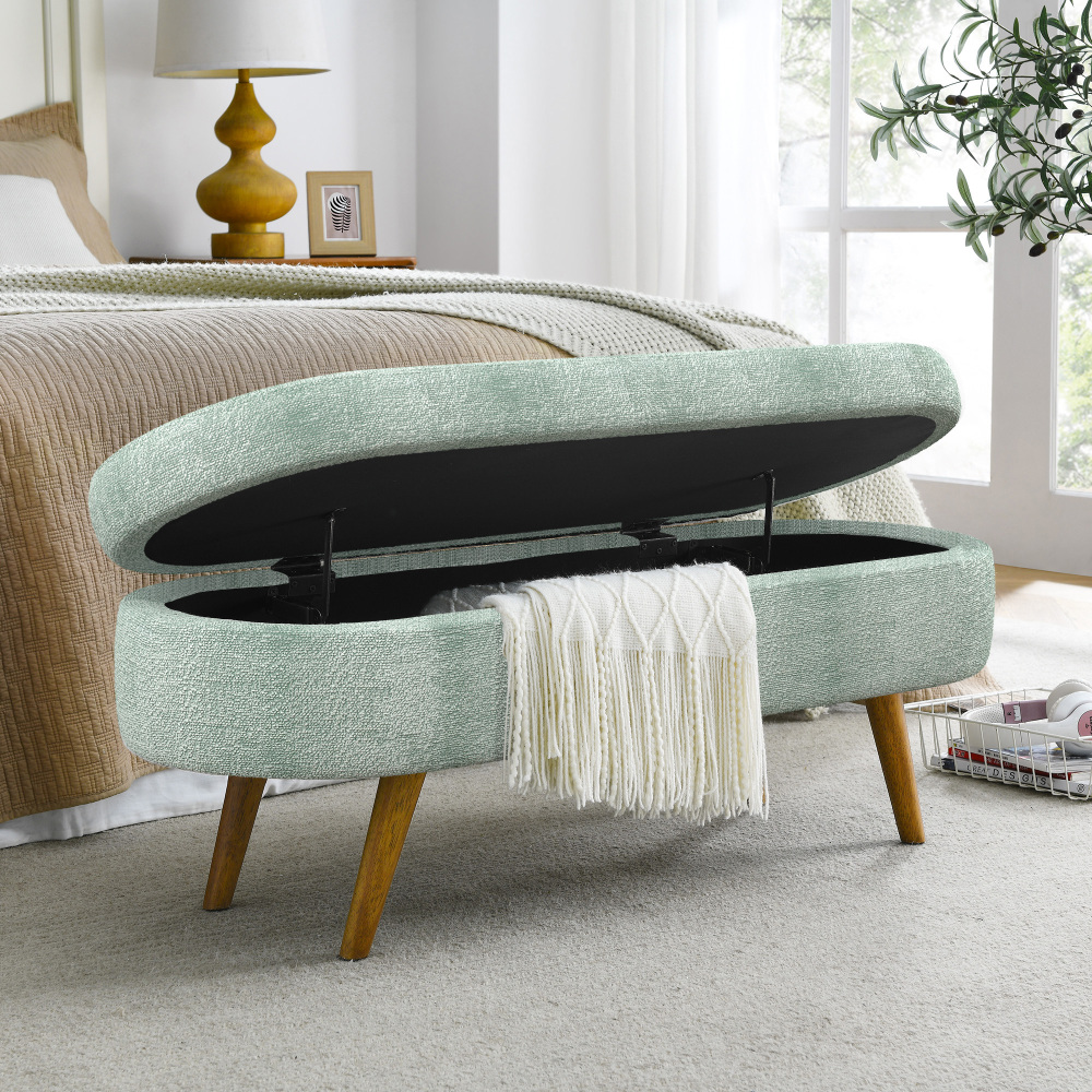 Fansace Oval Storage Bench 43.5" Ottoman Bench Upholstered Boucle Fabric Footrest Bench with wooden Legs End of Bed for Bedroom, Living Room, Entryway,Bed Side