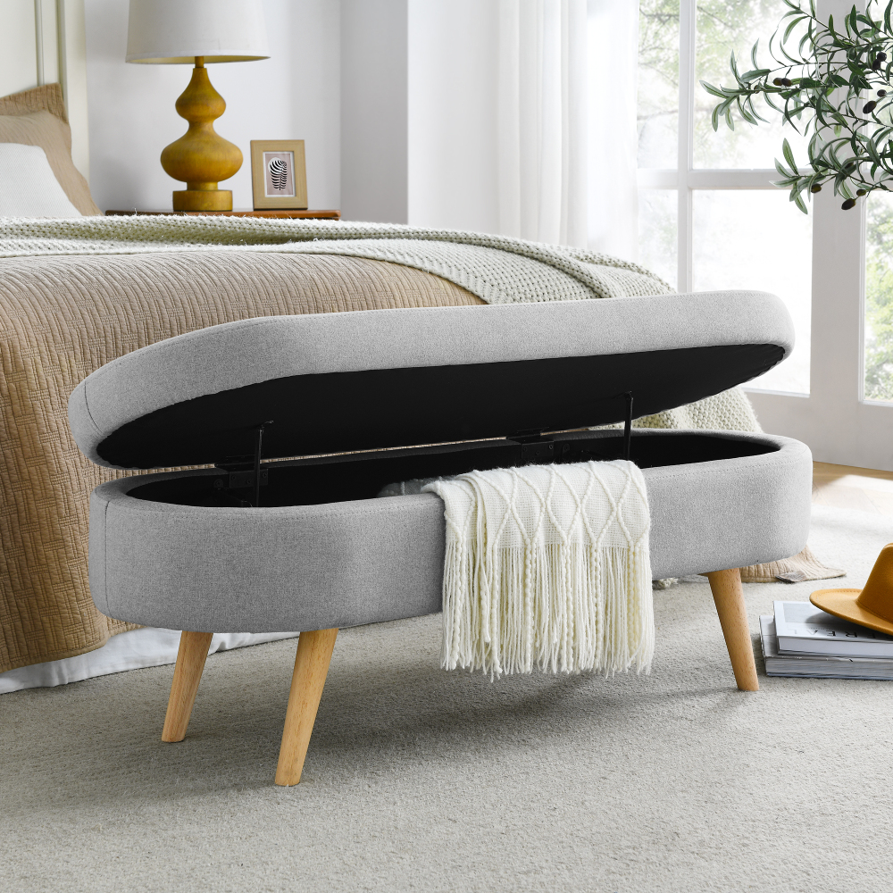 Fansace Oval Storage Bench 43.5" Ottoman Bench Upholstered Boucle Fabric Footrest Bench with wooden Legs End of Bed for Bedroom, Living Room, Entryway,Bed Side