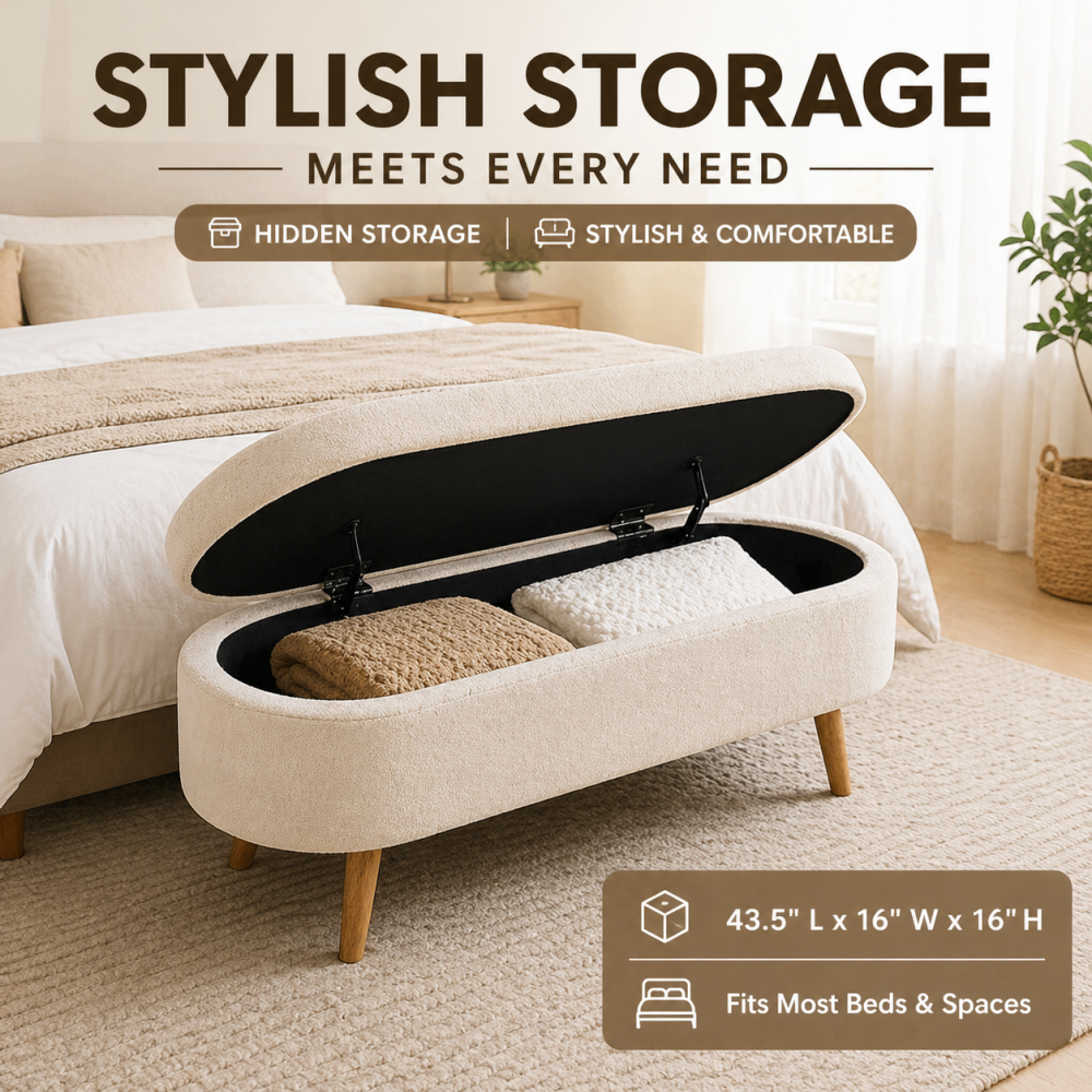 Fansace Oval Storage Bench 43.5" Ottoman Bench Upholstered Boucle Fabric Footrest Bench with wooden Legs End of Bed for Bedroom, Living Room, Entryway,Bed Side