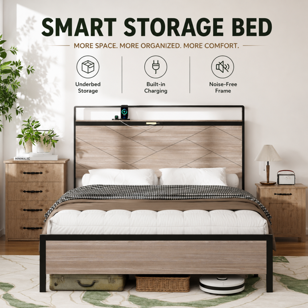 【Ember Industrial】Fansace Bed Frame, Wooden Platform Bed Frame with Storage LED Light Headboard and 2 USB, Large Underbed Storage,Easy Assemnly