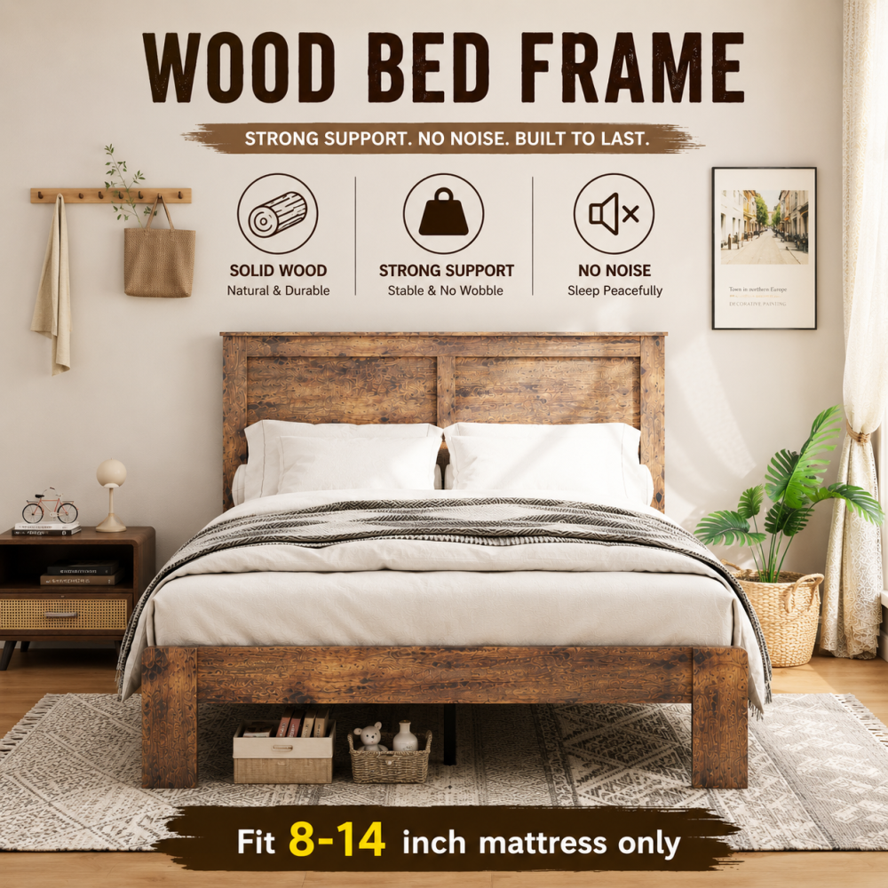 【Timbercrest Wood】Fansace Wood Bed Frame with Headboard, Rustic Farmhouse Platform Bed Frame with 12 Wood Slats Support, No Box Spring Needed, Easy Assembly