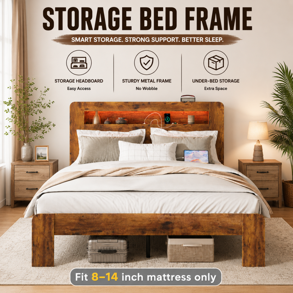 【Timbercrest Metal】Fansace Metal & Wooden Bed Frame with Headboard & Storage Bookshelf, Farmhouse Platform Led Bedframe with Wood Slat Support, Sturdy & Easy Assembly
