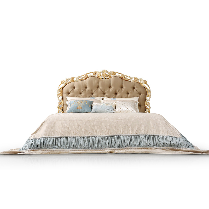 Classic French-Style Wooden Bed with Hand-Carved Frame and Fabric Headboard,EKAR FURNITURE CO.,LTD,Classic French-Style Wooden Bed with Hand-Carved Frame and Fabric Headboard,foshan furniture factory,custom Furniture factory,china furniture factory