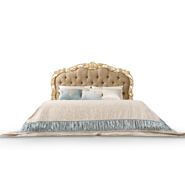 ,MY SHOP,Classic French-Style Wooden Bed with Hand-Carved Frame and Fabric Headboard,foshan furniture factory,custom Furniture factory,china furniture factory