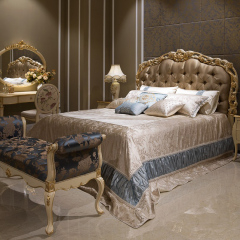 ,MY SHOP,Classic French-Style Wooden Bed with Hand-Carved Frame and Fabric Headboard,foshan furniture factory,custom Furniture factory,china furniture factory