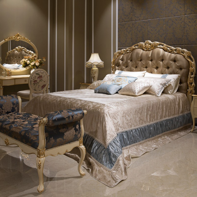 ,MY SHOP,Classic French-Style Wooden Bed with Hand-Carved Frame and Fabric Headboard,foshan furniture factory,custom Furniture factory,china furniture factory