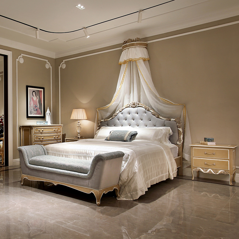 Classic French-Style Wooden Bed with Hand-Carved Frame and Fabric Headboard,EKAR FURNITURE CO.,LTD,Classic French-Style Wooden Bed with Hand-Carved Frame and Fabric Headboard,foshan furniture factory,custom Furniture factory,china furniture factory