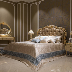 ,MY SHOP,Classic French-Style Wooden Bed with Hand-Carved Frame and Fabric Headboard,foshan furniture factory,custom Furniture factory,china furniture factory