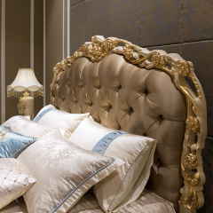 ,MY SHOP,Classic French-Style Wooden Bed with Hand-Carved Frame and Fabric Headboard,foshan furniture factory,custom Furniture factory,china furniture factory