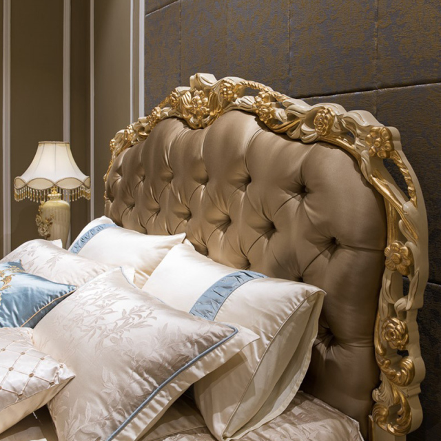 ,MY SHOP,Classic French-Style Wooden Bed with Hand-Carved Frame and Fabric Headboard,foshan furniture factory,custom Furniture factory,china furniture factory