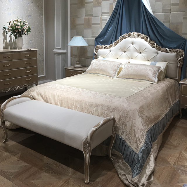 ,MY SHOP,French Style Upholstered Bed Bench with Carved Wooden Frame,foshan furniture factory,custom Furniture factory,china furniture factory