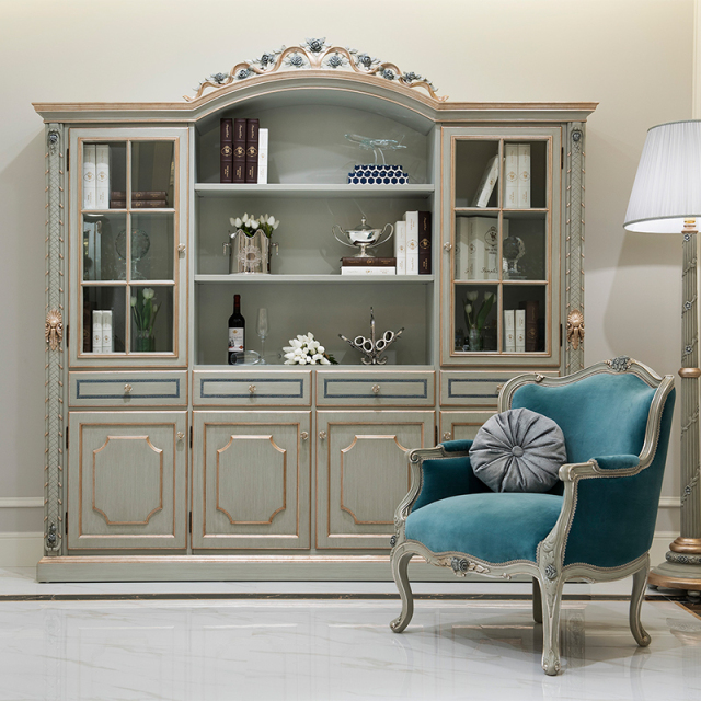 ,MY SHOP,French-Style Solid Wood Office Bookcase with Glass Doors,foshan furniture factory,custom Furniture factory,china furniture factory