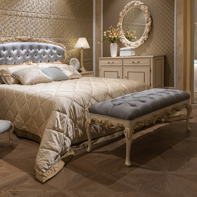 ,MY SHOP,French Luxury Style Grey Wooden and Fabric Long Bed Stool for Bedroom,foshan furniture factory,custom Furniture factory,china furniture factory