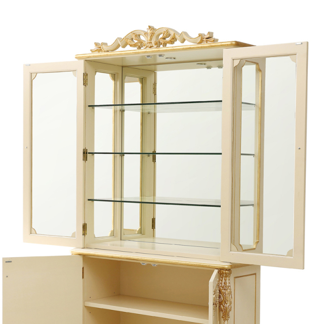 ,MY SHOP,The Latest Luxury Style White and Golden Glass Cabinets with Carved Flowers,foshan furniture factory,custom Furniture factory,china furniture factory