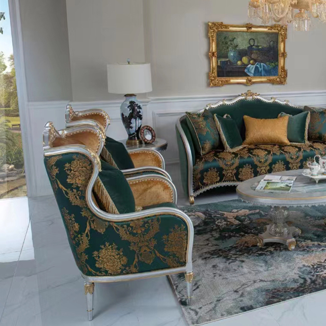 ,MY SHOP,Opulent Dark Green French Classic Carved Sofa Set for Luxurious Interiors,foshan furniture factory,custom Furniture factory,china furniture factory