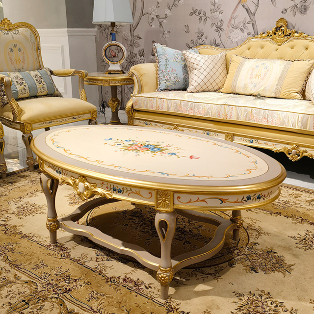 ,MY SHOP,Gorgeous French living room classic oval coffee table set with gold details,foshan furniture factory,custom Furniture factory,china furniture factory