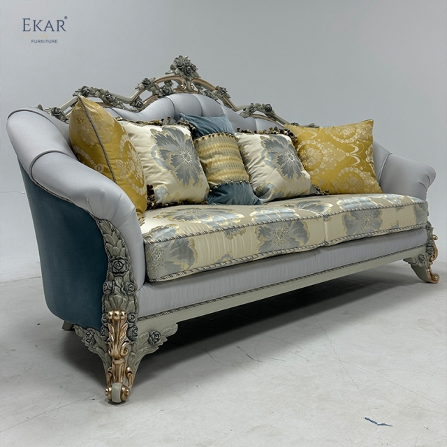 Wooden Carved Classic Leather And Fabric Grey Sofa Set,EKAR FURNITURE CO.,LTD,EKAR FURNITURE | Elegant Single Seater Sofa with Solid Wood Frame and Fabric Upholstery,foshan furniture factory,custom Furniture factory,china furniture factory