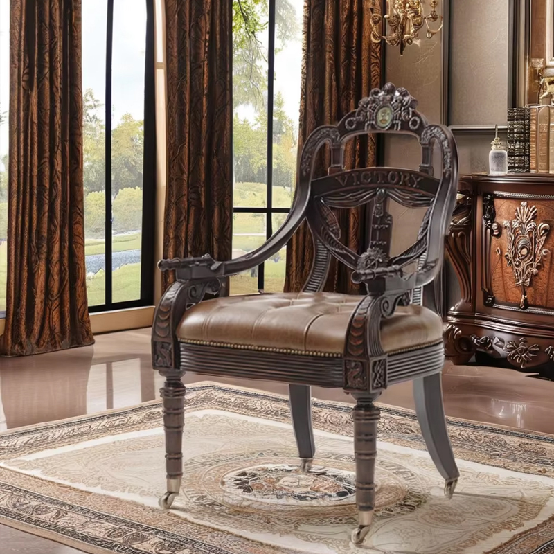 Classic Carved Wood Chair – Oil Wax Leather Seat for Refined Living Room Style,EKAR FURNITURE CO.,LTD,Classic Carved Wood Chair – Oil Wax Leather Seat for Refined Living Room Style,foshan furniture factory,custom Furniture factory,china furniture factory