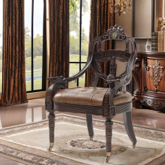 ,MY SHOP,Classic Carved Wood Chair – Oil Wax Leather Seat for Refined Living Room Style,foshan furniture factory,custom Furniture factory,china furniture factory