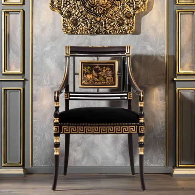 ,MY SHOP,Classic Wood Lounge Chair – Timeless Greek Key Design for Luxurious Living Room Comfort,foshan furniture factory,custom Furniture factory,china furniture factory