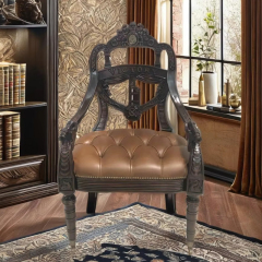 ,MY SHOP,Classic Carved Wood Chair – Oil Wax Leather Seat for Refined Living Room Style,foshan furniture factory,custom Furniture factory,china furniture factory