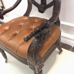 ,MY SHOP,Classic Carved Wood Chair – Oil Wax Leather Seat for Refined Living Room Style,foshan furniture factory,custom Furniture factory,china furniture factory