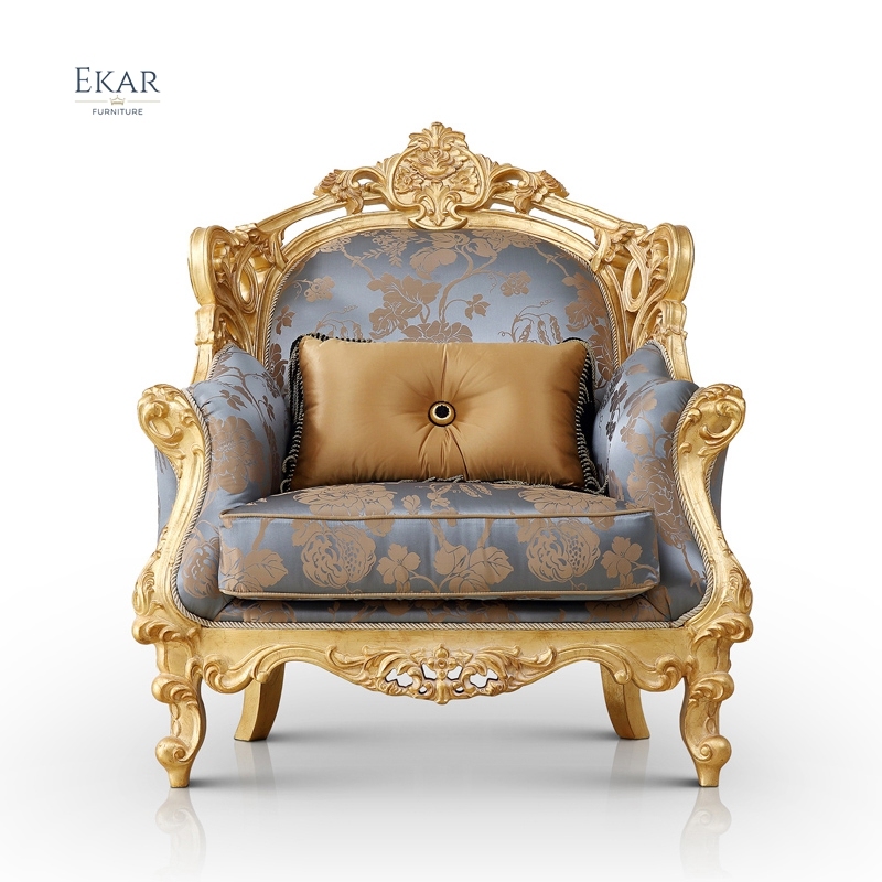 Gold Silk Embroidered Long Couch Chair Comfy Sofa Sale,EKAR FURNITURE CO.,LTD,EKAR FURNITURE - Premium Single Seater Sofa | Handcrafted Solid Wood Frame with Plush Upholstery,foshan furniture factory,custom Furniture factory,china furniture factory