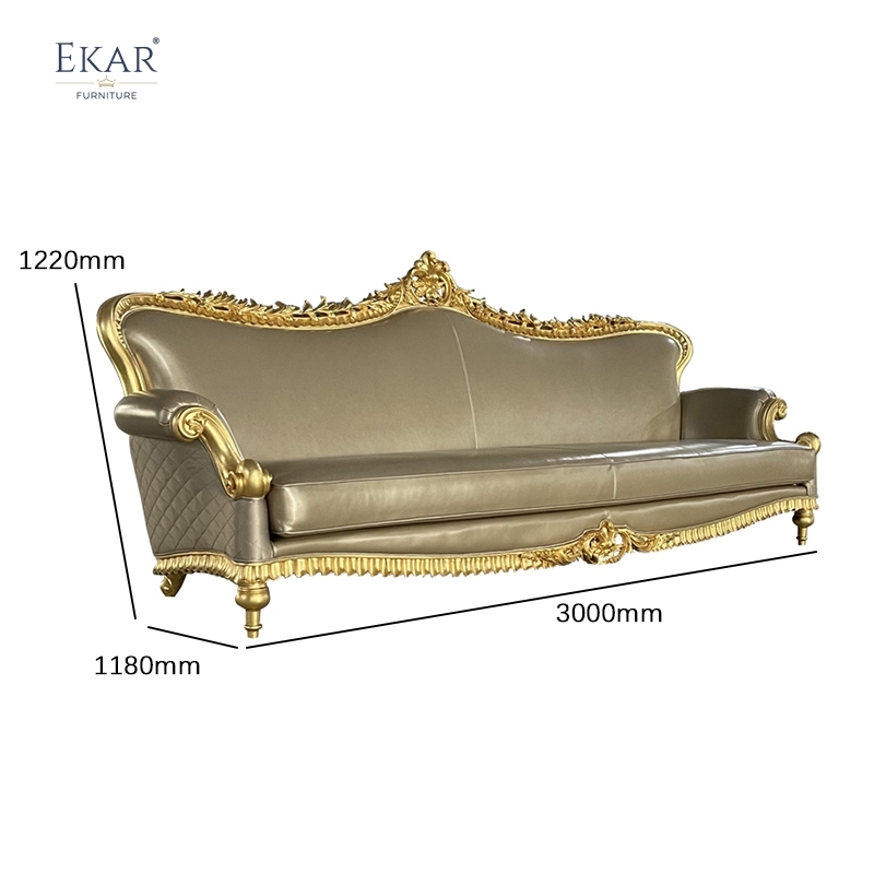 French Classic Leather Sofa with Carved Wood Frame, Antique Gold Finish,EKAR FURNITURE CO.,LTD,French Classic Leather Sofa with Carved Wood Frame, Antique Gold Finish,foshan furniture factory,custom Furniture factory,china furniture factory