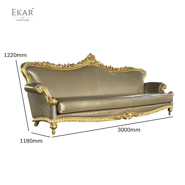French Classic Leather Sofa with Carved Wood Frame, Antique Gold Finish,EKAR FURNITURE CO.,LTD,French Classic Leather Sofa with Carved Wood Frame, Antique Gold Finish,foshan furniture factory,custom Furniture factory,china furniture factory