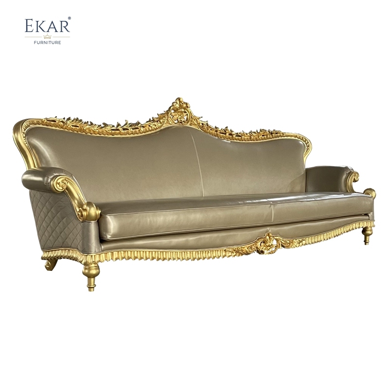 French Classic Leather Sofa with Carved Wood Frame, Antique Gold Finish,EKAR FURNITURE CO.,LTD,French Classic Leather Sofa with Carved Wood Frame, Antique Gold Finish,foshan furniture factory,custom Furniture factory,china furniture factory